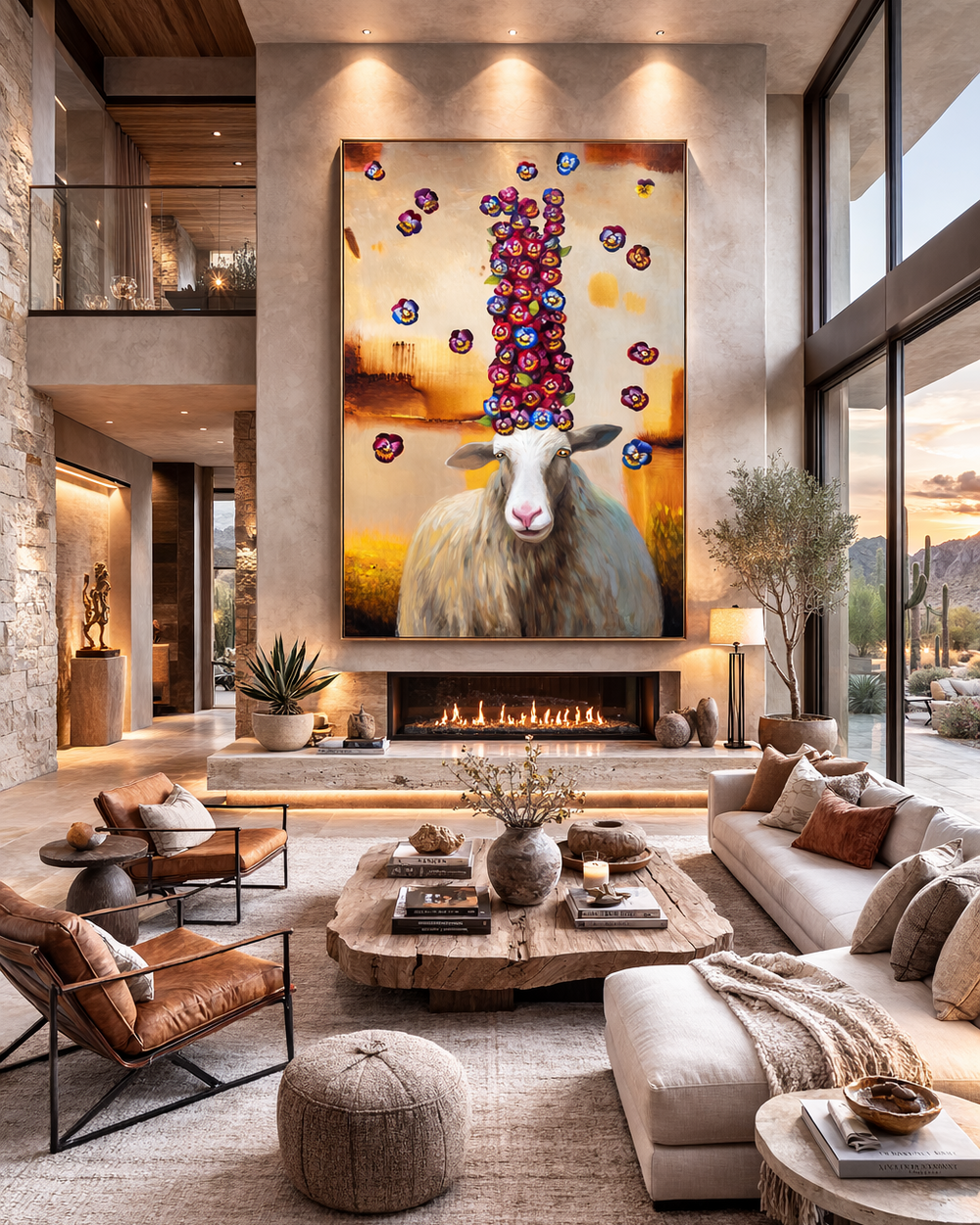 Modern living room with a large abstract painting of a sheep on the wall.
