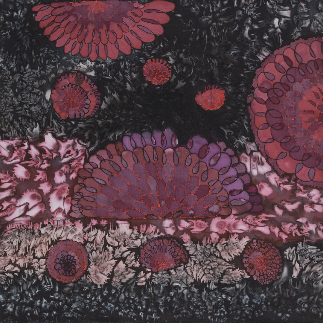 Abstract painting “Waltz” by Nijole Stunskaite-Vilke featuring swirling floral forms in deep black, purple, red, and magenta tones. Circular petal-like patterns create a sense of movement and dance, with intricate textures and dramatic contrasts. Vibrant contemporary artwork ideal for modern interiors, expressive decor, and collectors of bold abstract floral art.