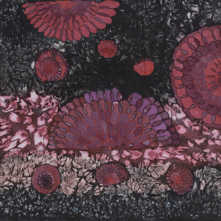 Abstract painting “Waltz” by Nijole Stunskaite-Vilke featuring swirling floral forms in deep black, purple, red, and magenta tones. Circular petal-like patterns create a sense of movement and dance, with intricate textures and dramatic contrasts. Vibrant contemporary artwork ideal for modern interiors, expressive decor, and collectors of bold abstract floral art.