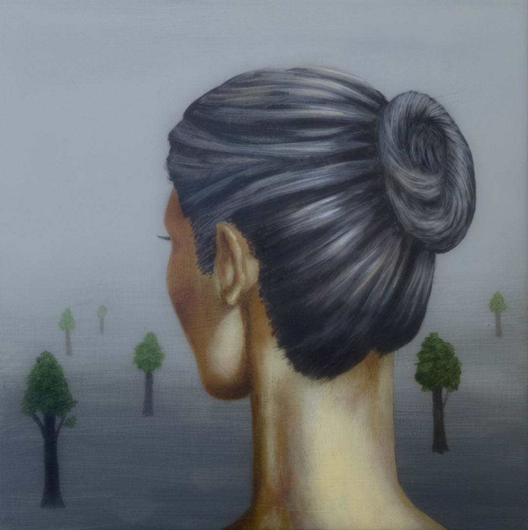 "Watching the Oncoming Fog” by Andrius Miezis — surreal painting of a woman with silver hair gazing into a misty landscape where treetops emerge from the fog. Contemporary fine art print available as a museum-quality giclée on canvas or fine art paper from Giclée Makers, Scottsdale, Arizona