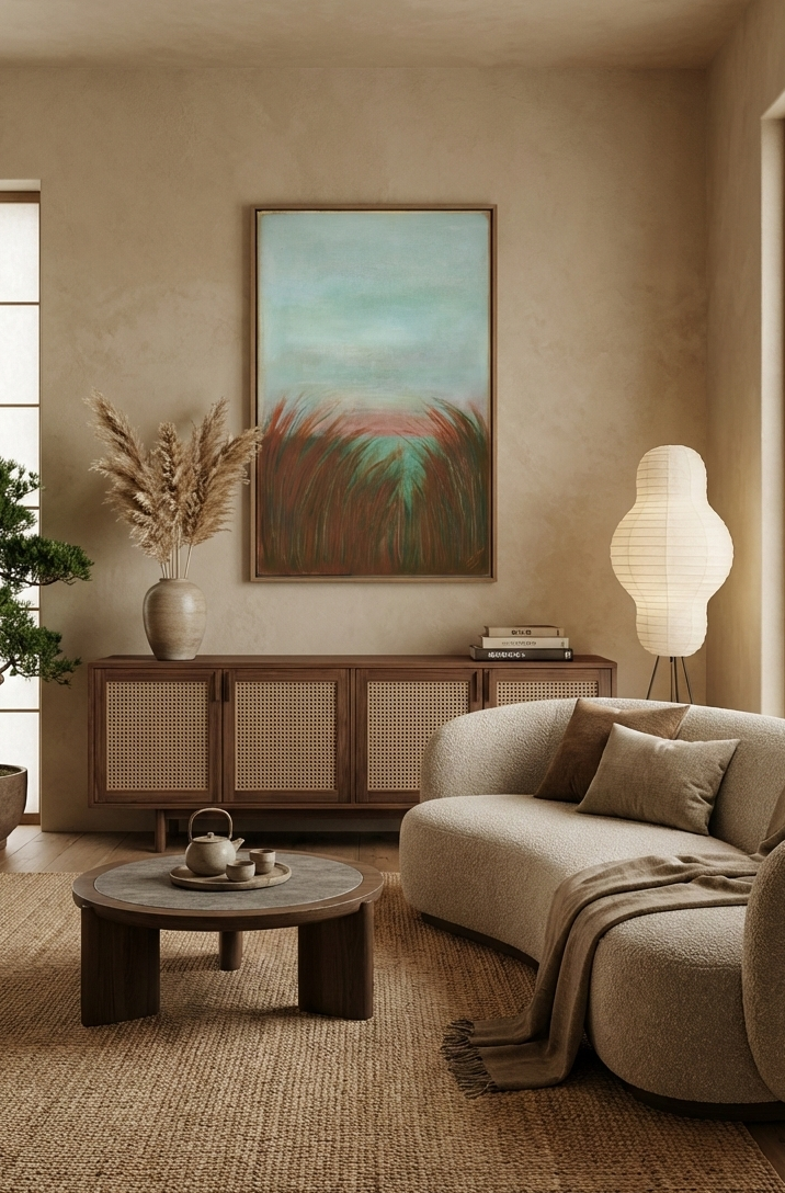 Cozy living room with a beige sofa, round wooden coffee table, and decorative elements.