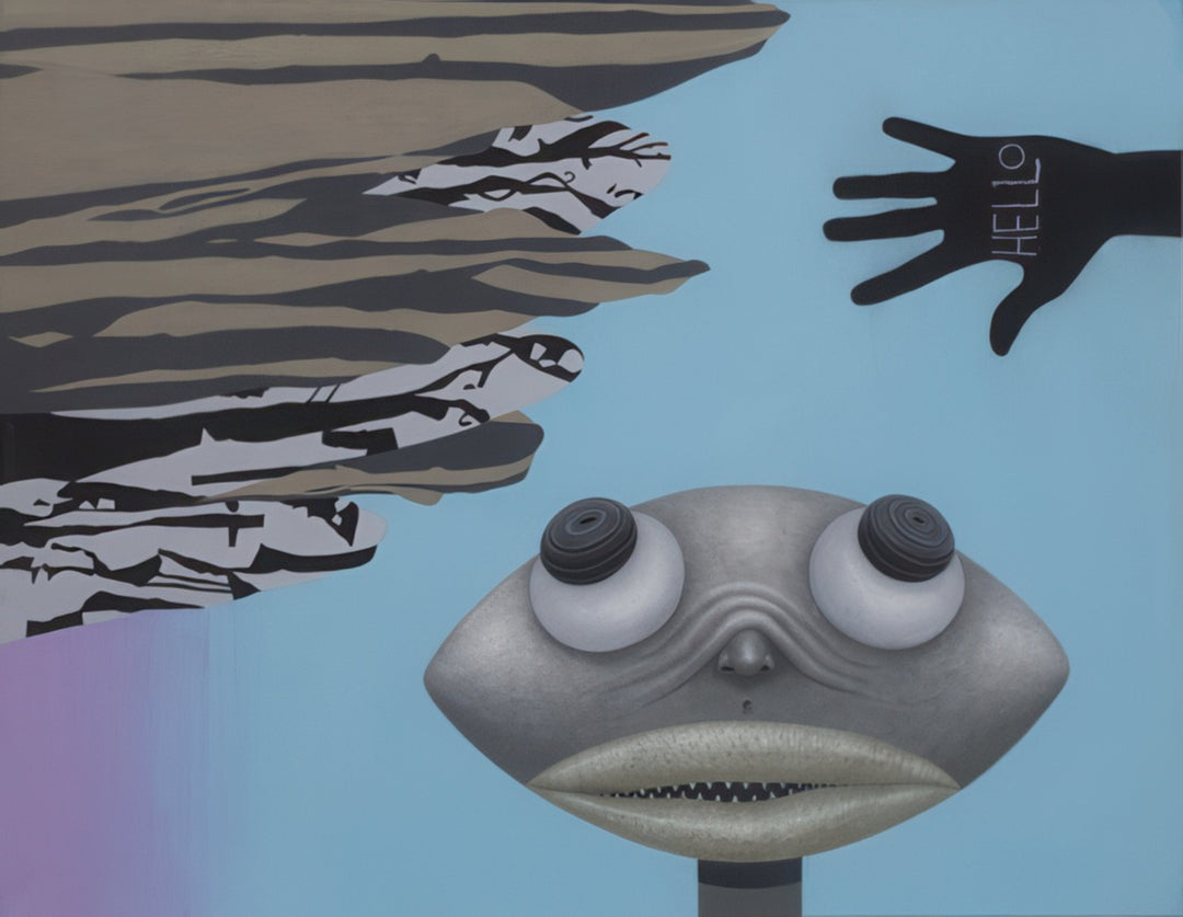 “Well Hello” by Andrius Miezis – surreal contemporary painting featuring a humorous creature with bulging eyes and a black hand waving the word ‘HELLO’. Whimsical modern art combining surrealism, humor, and bold symbolism – available as a fine-art giclée print from Giclée Makers.