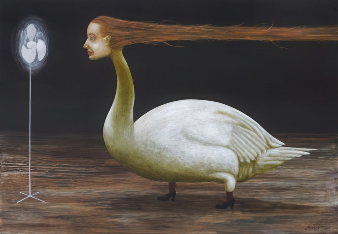 “Wind Showdown with Leda” by Lithuanian surrealist Andrius Miezis reimagines the myth of Leda in a witty, modern way. A swan with a woman’s head faces off against a fan, blending myth, irony, and imagination. This surreal artwork captures both humor and tension. Available exclusively at Giclée Makers as a museum-quality giclée print on archival canvas or fine art paper.
