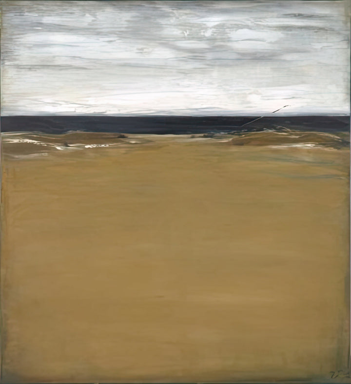 Abstract painting with horizontal brushstrokes of white, gray, and brown.