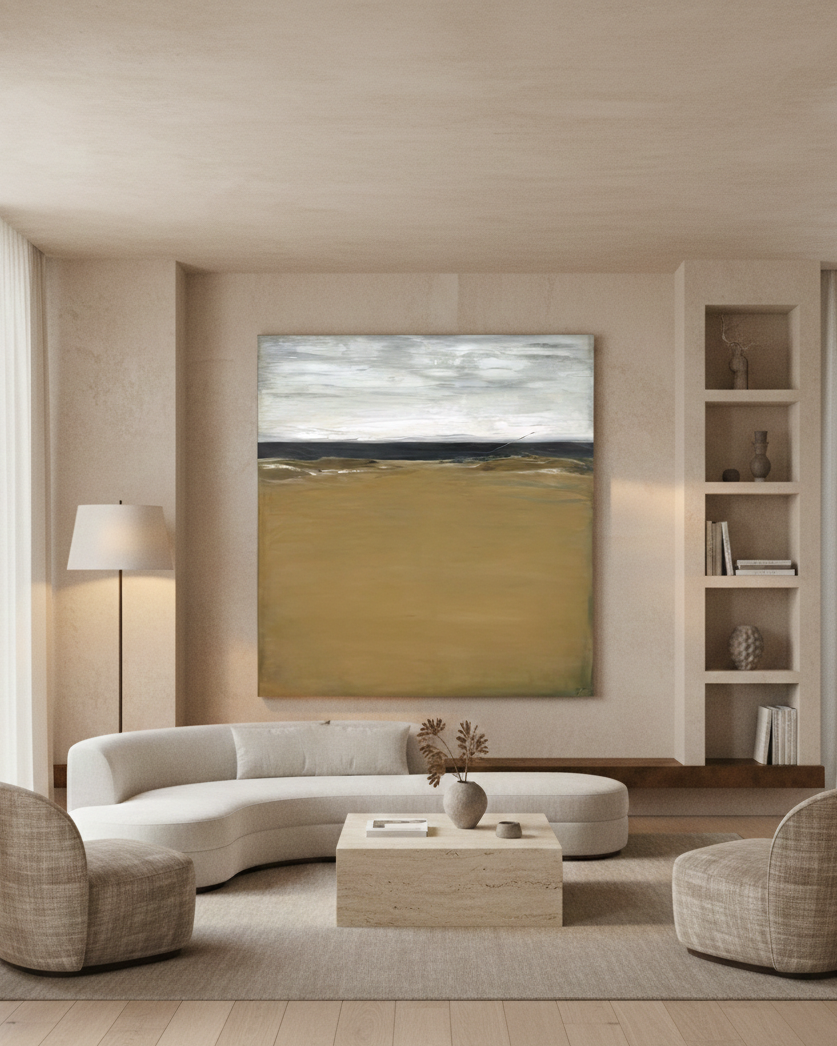 Modern living room with a curved sofa, abstract painting, and bookshelf.