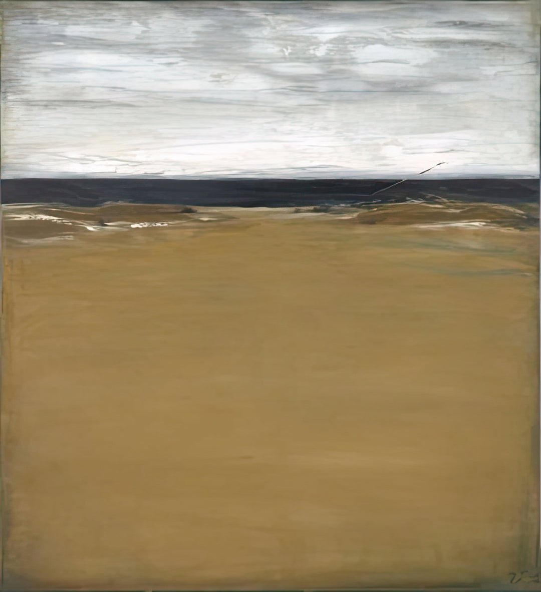Abstract painting with horizontal brushstrokes of white, gray, and brown.