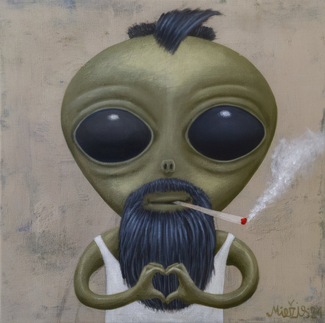 Surreal portrait of a green alien with a hipster beard, mohawk hairstyle, and cigarette, forming a heart gesture with its hands. Artwork titled With Love from the Alpha Centauri Star – Hipster Alien by Andrius Miezis. Museum-quality giclée print available at Giclée Makers Gallery.