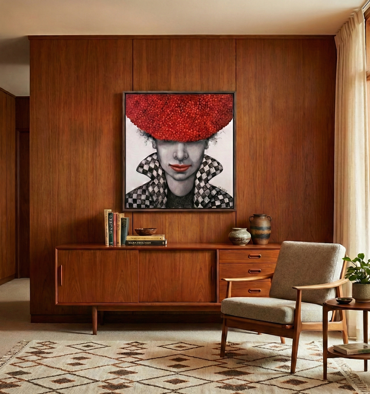 Living room with wooden wall, furniture, and a framed artwork of a person wearing a red hat.