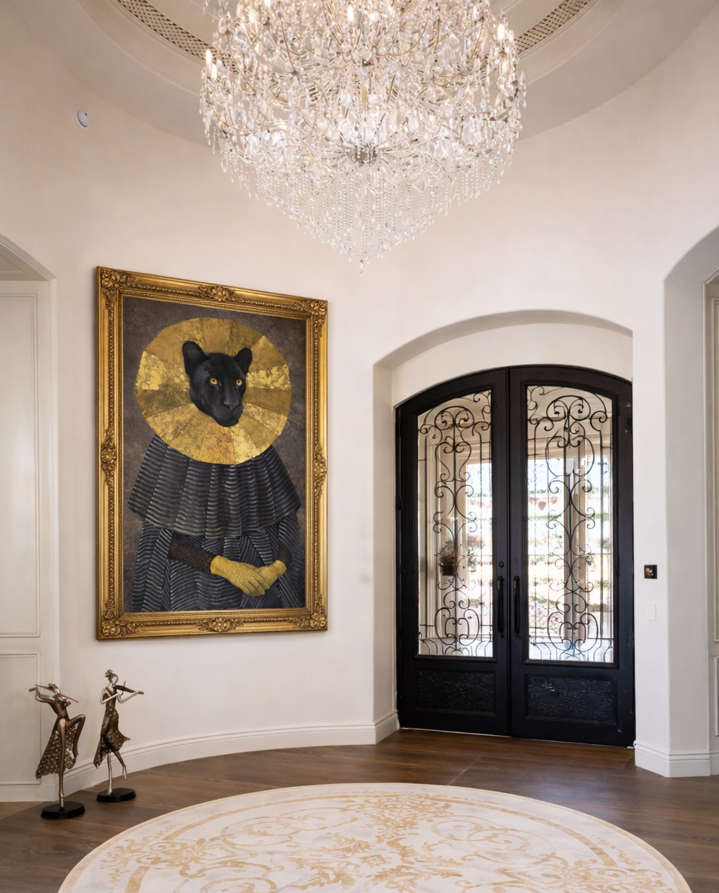 Elegant interior with a black cat painting, chandelier, and decorative rug.