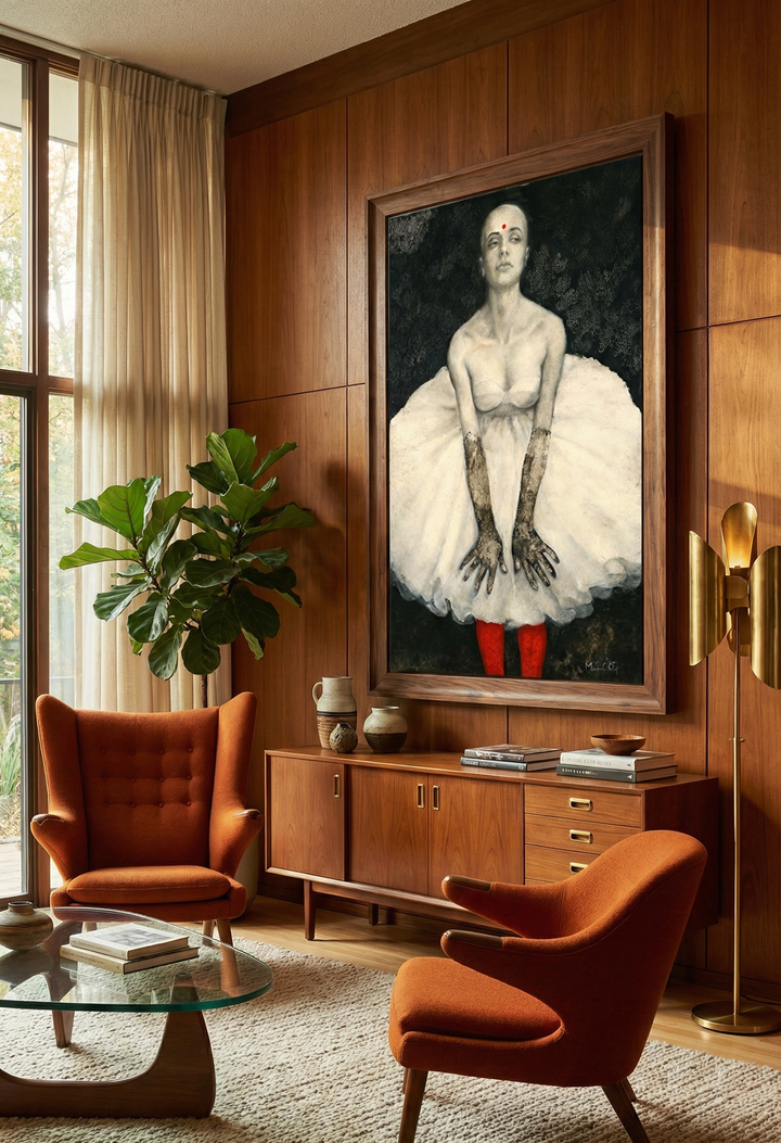 Living room with wooden walls, orange chairs, a glass coffee table, and a large painting of a woman in a white dress.