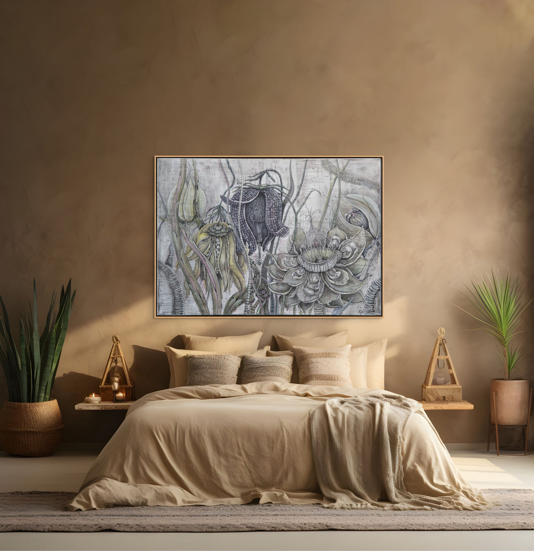 Bedroom with a large abstract painting above the bed, flanked by plants and side tables.