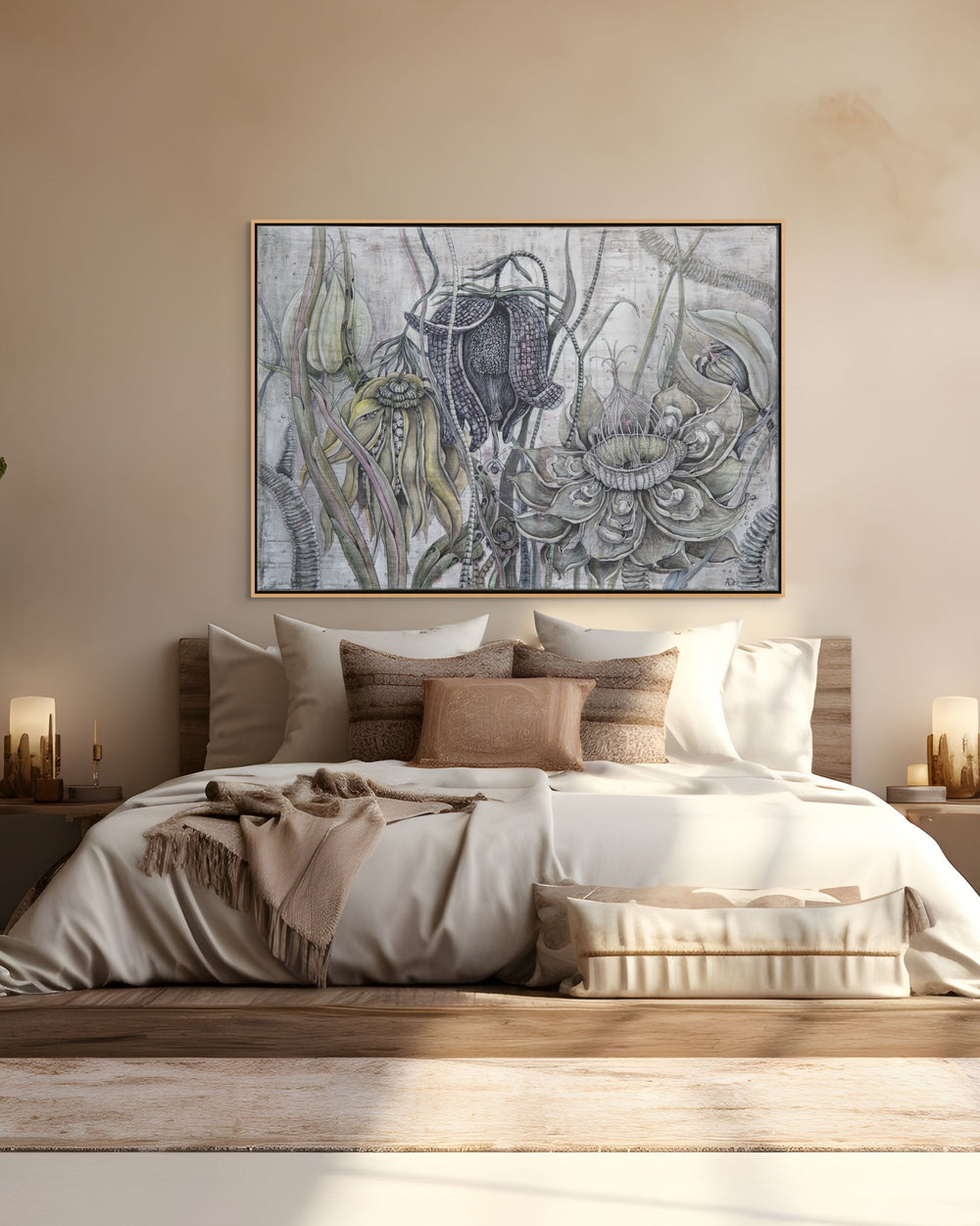 Bedroom with a large abstract painting above the bed