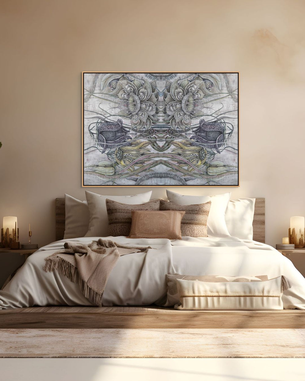 Bedroom with a large abstract painting above the bed
