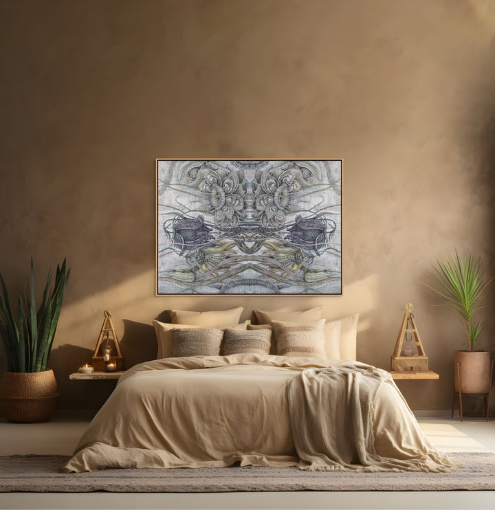 Bedroom with beige walls, a bed, and decorative elements.