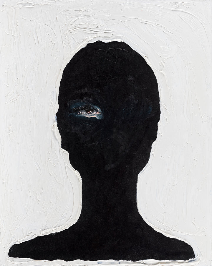 A painting of a woman's profile viewed from the side with a black and white color scheme.