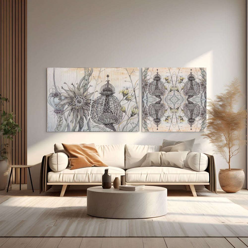 Modern living room with a sofa, coffee table, and wall art