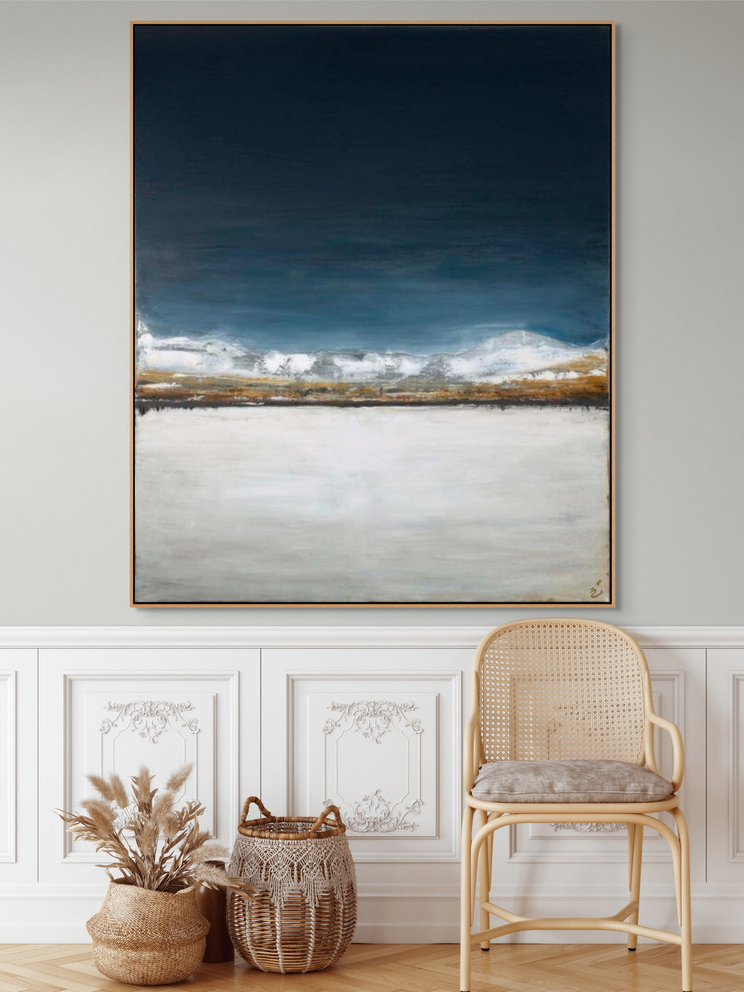 Winter IV framed canvas wall art with winter landscape sky and snowy field