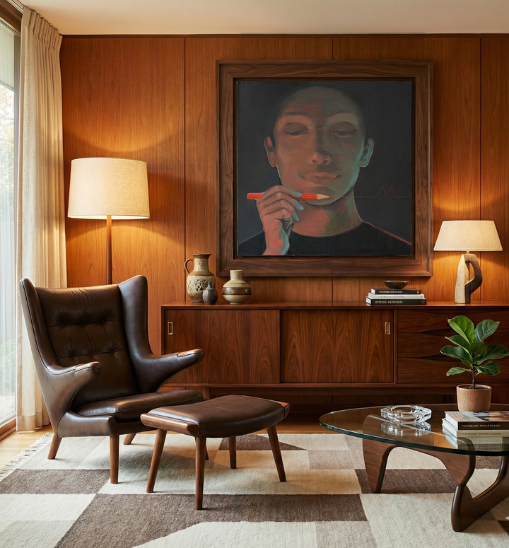 Modern living room with wooden paneling, a painting of a person holding a spoon, and a brown leather chair.