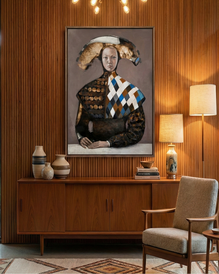 Modern interior with wooden wall paneling, a framed portrait, and decorative items.