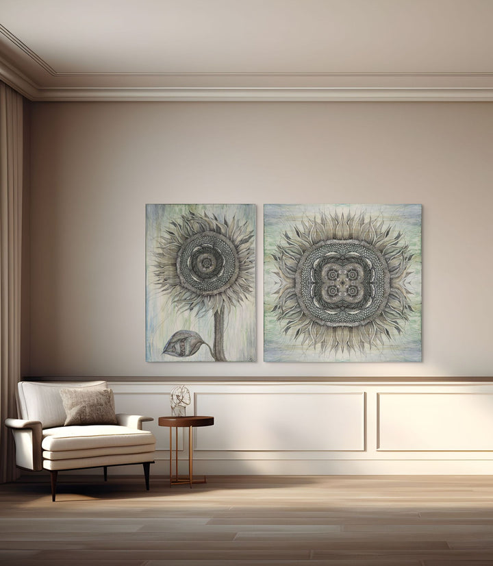 Two sunflower paintings on a wall above a sofa in a living room.