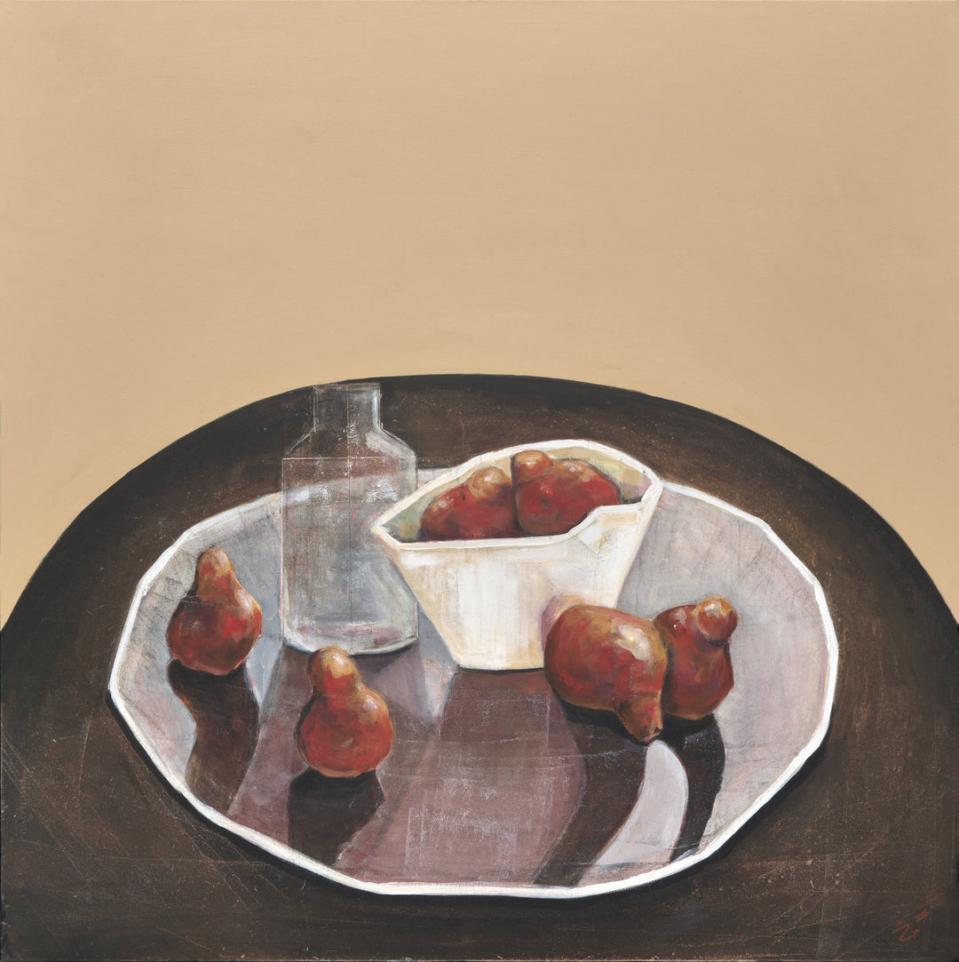 Still life painting of pears and a bottle on a table with a beige background